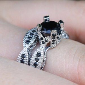 NEW 2pcSet 925 Sterling Silver Black Sapphire Ring